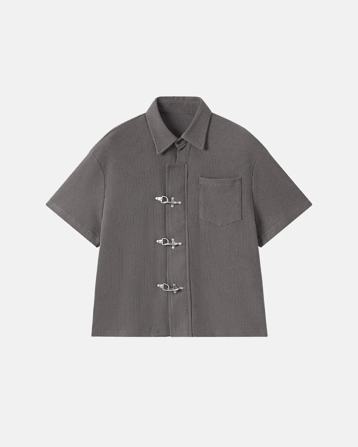 Inflation Streetwear metal clasp waffle shirt featuring a textured fabric and metal clasp detail, casual streetwear style.