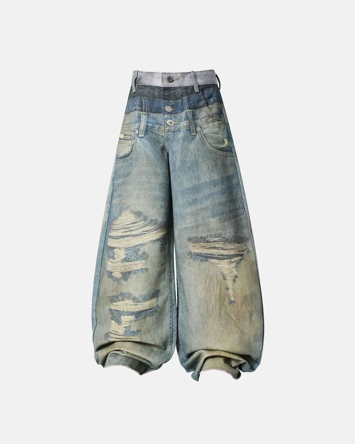 3D print multi-waist barrel jeans by INFLATION, featuring layered denim with a unique streetwear style and detailed stitching.
