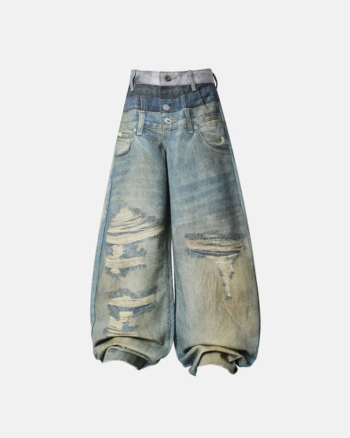 3D print multi-waist barrel jeans by INFLATION, featuring layered denim with a unique streetwear style and detailed stitching.