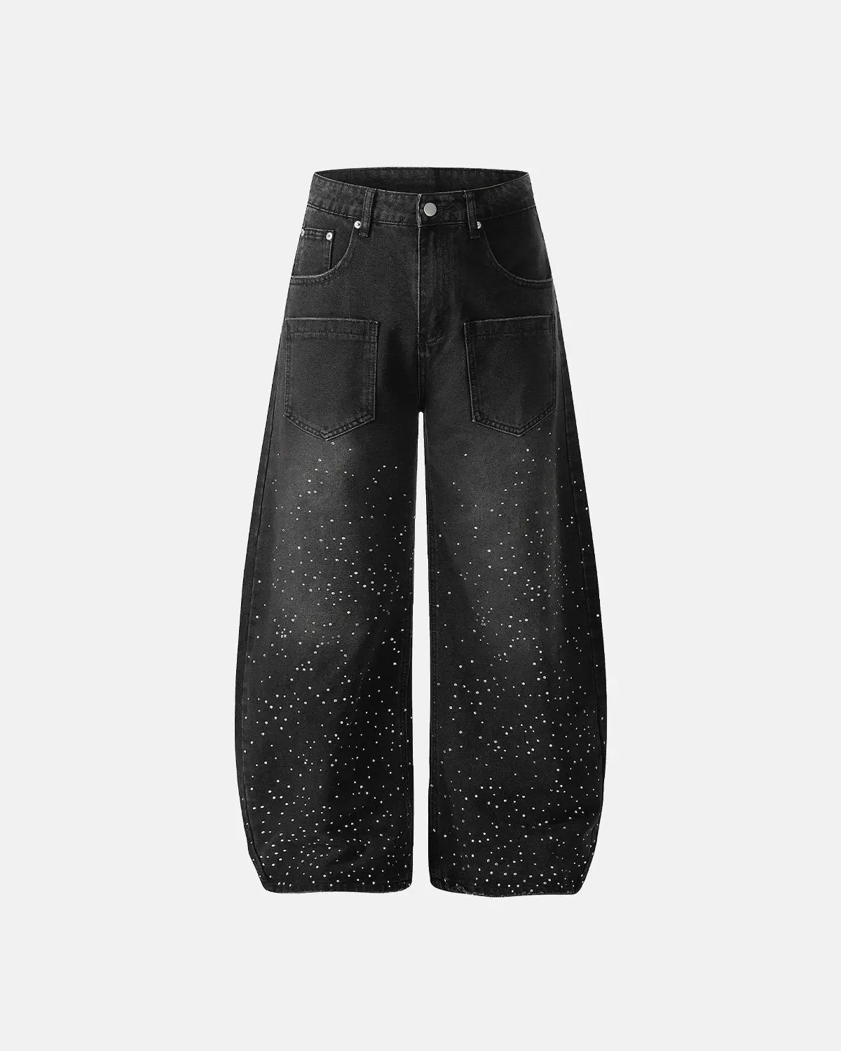 Acid wash rhinestone baggy jeans by INFLATION featuring distressed details and rhinestone embellishments, streetwear style.