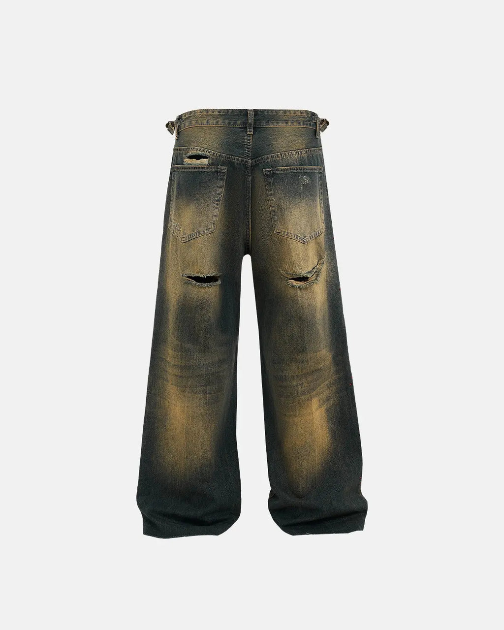 Dirty Wash Rhinestone Baggy Jeans by INFLATION featuring distressed denim, rhinestone accents, relaxed fit, and streetwear style.