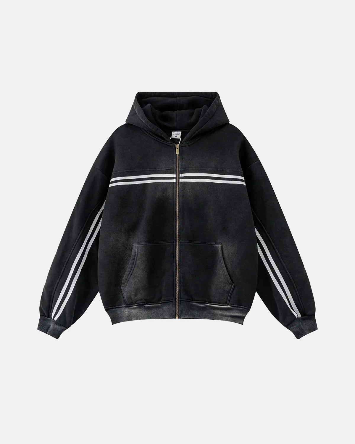 Inflation Streetwear striped acid wash zip-up hoodie with hood, front zipper, and bold retro style, displayed on a hanger.