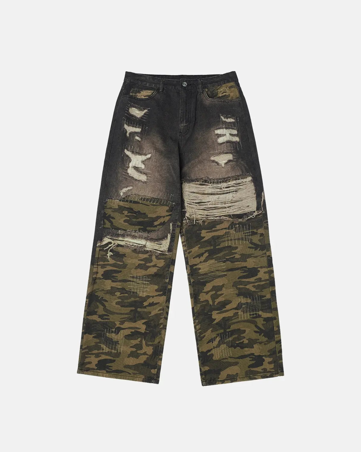 Inflation brand camo digital printing baggy jeans with relaxed fit, showcasing detailed camouflage pattern and streetwear style.