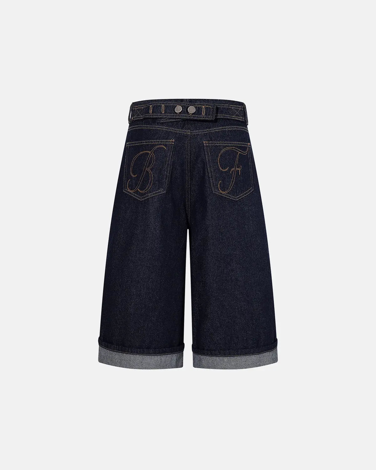 Inflation Streetwear cinch back baggy denim jorts, casual pants with a relaxed fit and distressed details, displayed on a model.