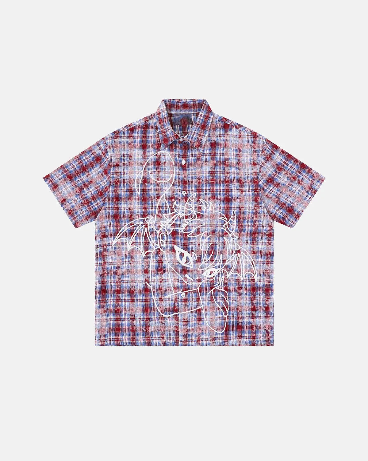 Inflation Streetwear Devil Embroidered Plaid Shirt showing a red devil embroidery on a black and red plaid cotton shirt.