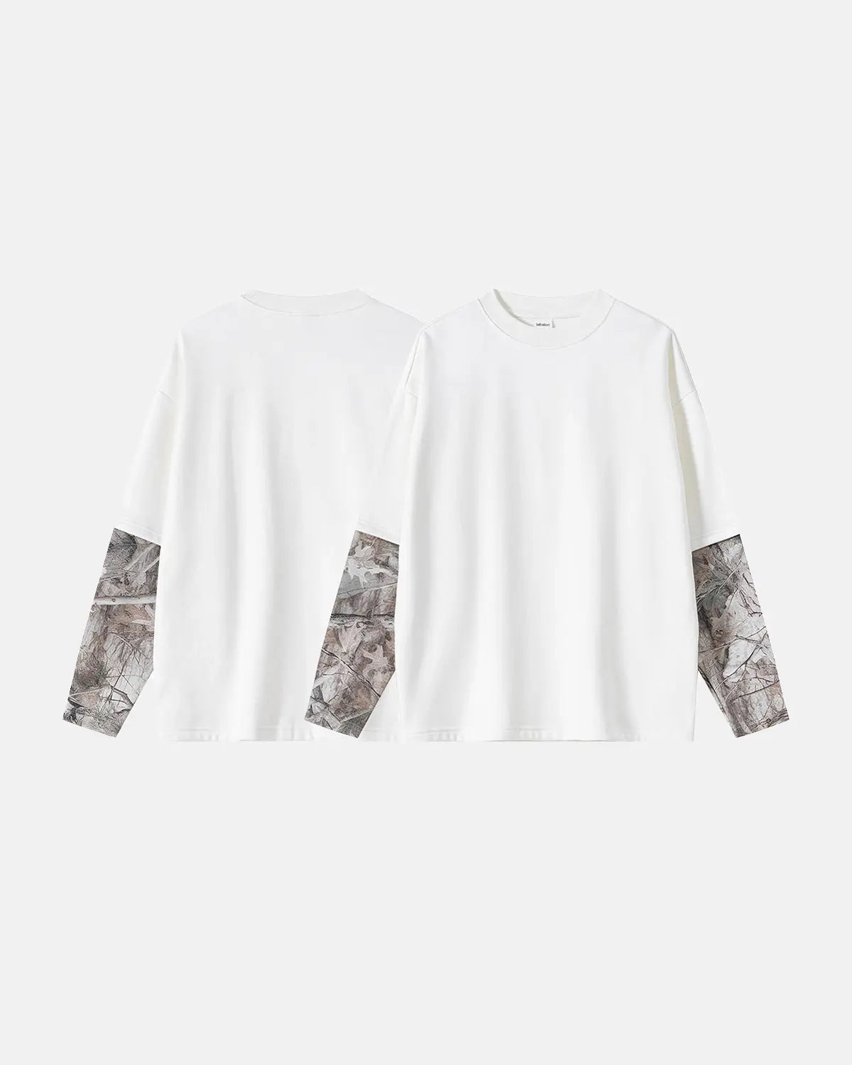 Oversized camouflage layered T-shirt by INFLATION, featuring a relaxed fit and streetwear style with camouflage pattern.