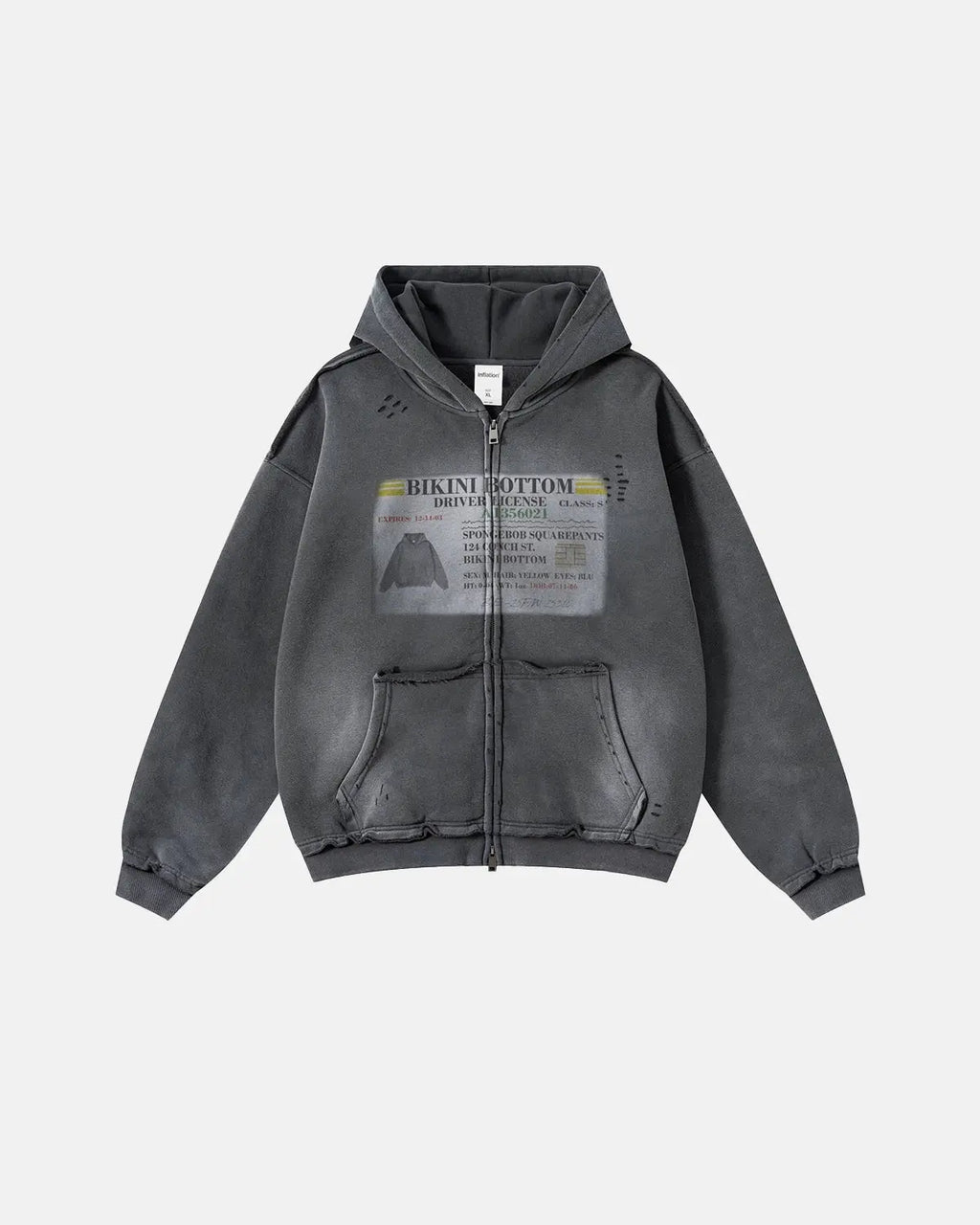 Inflation Streetwear graphic ripped washed zip-up hoodie with distressed details and casual fit, displayed on a hanger.