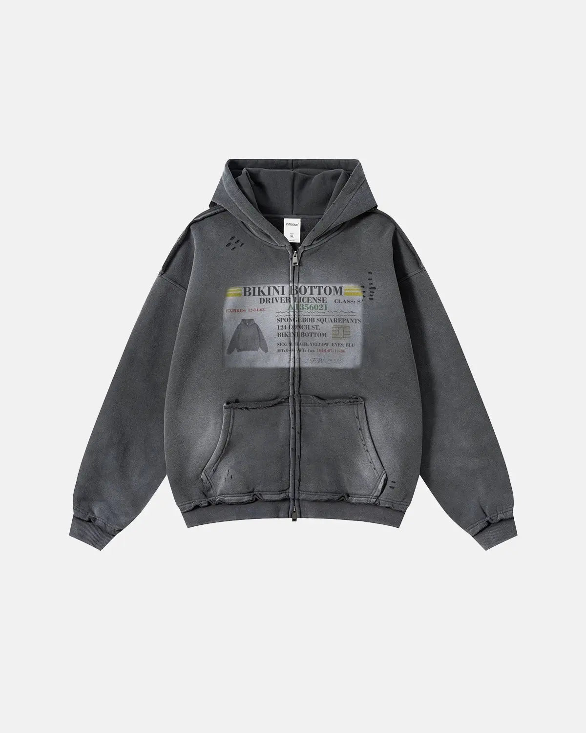 Inflation Streetwear graphic ripped washed zip-up hoodie with distressed details and casual fit, displayed on a hanger.