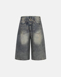 Inflation brand acid washed cinch back buckle jorts, casual denim pants with distressed details and adjustable waist buckle.