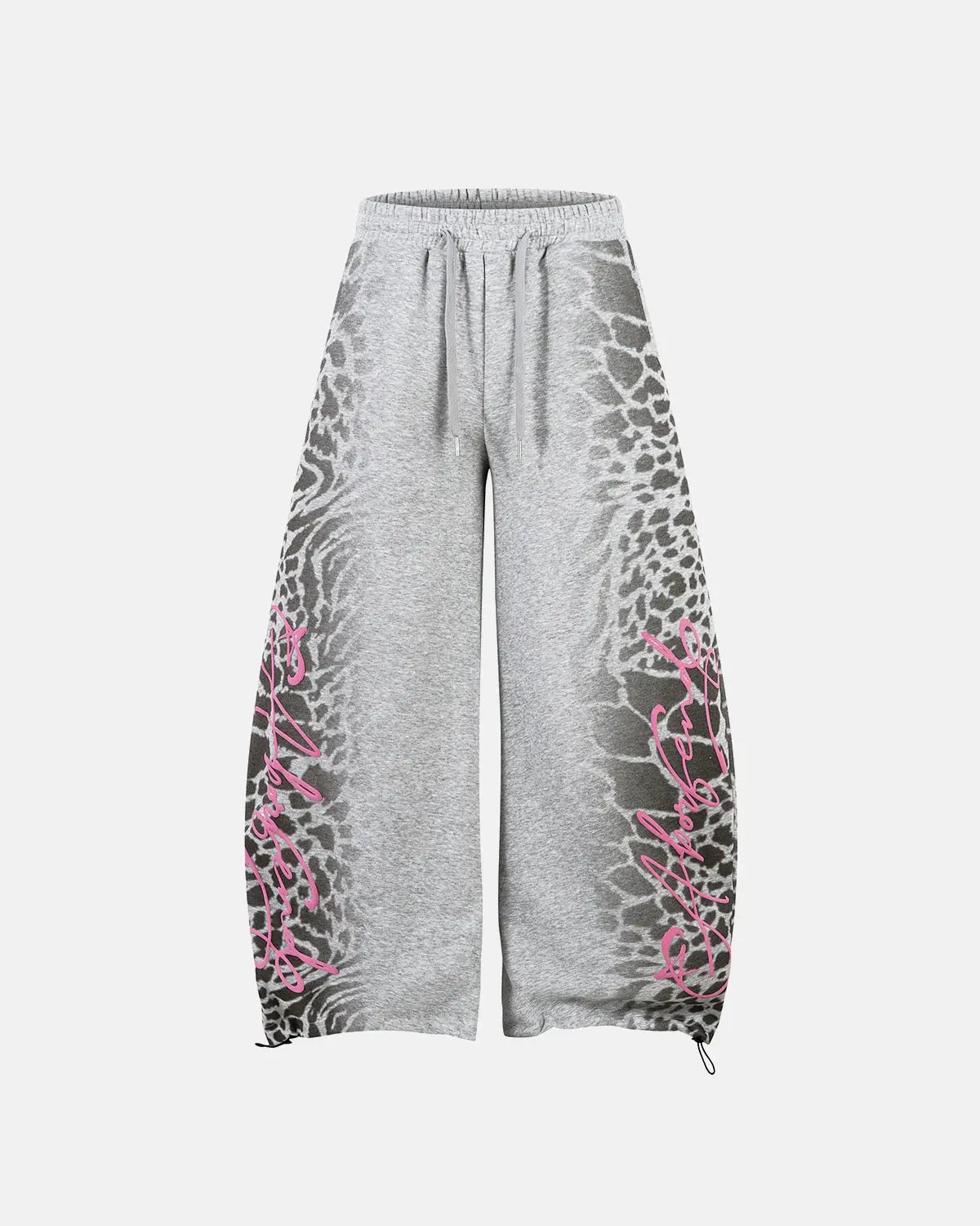 Leopard graphic barrel sweatpants by INFLATION featuring bold animal print and relaxed streetwear style.