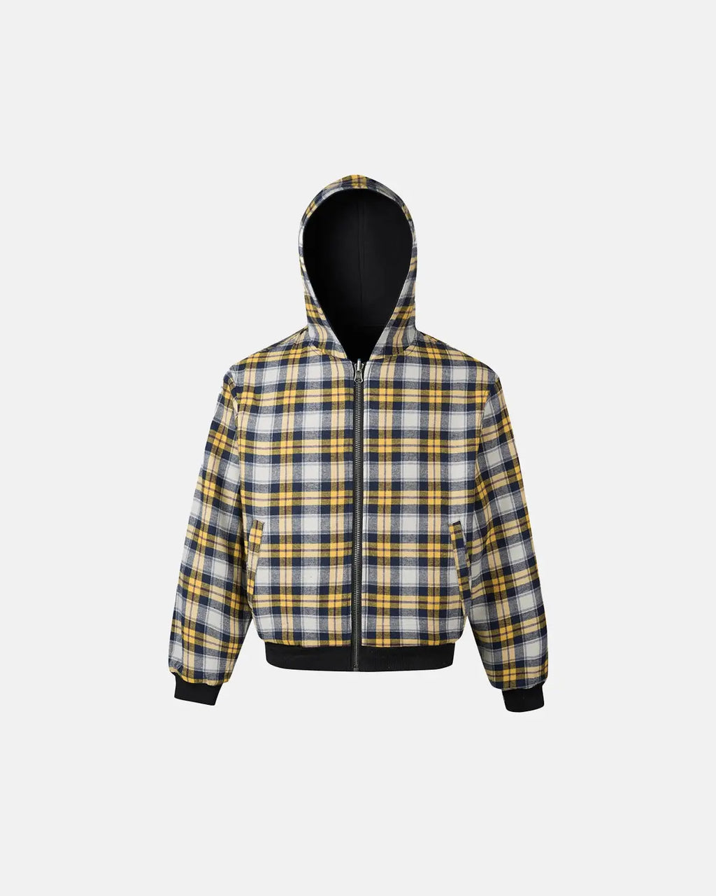 Yellow plaid reversible zip-up hoodie by INFLATION Streetwear, showing the front view with the hoodie and plaid pattern.