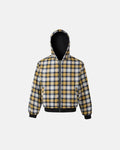 Yellow plaid reversible zip-up hoodie by INFLATION Streetwear, showing the front view with the hoodie and plaid pattern.