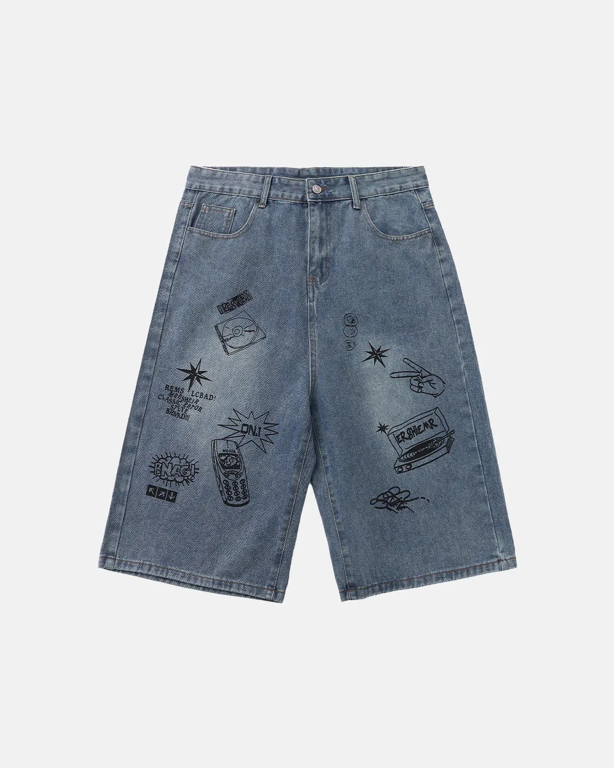 Washed graffiti longline jorts by Inflation Streetwear featuring distressed denim and graffiti print, styled as casual pants.