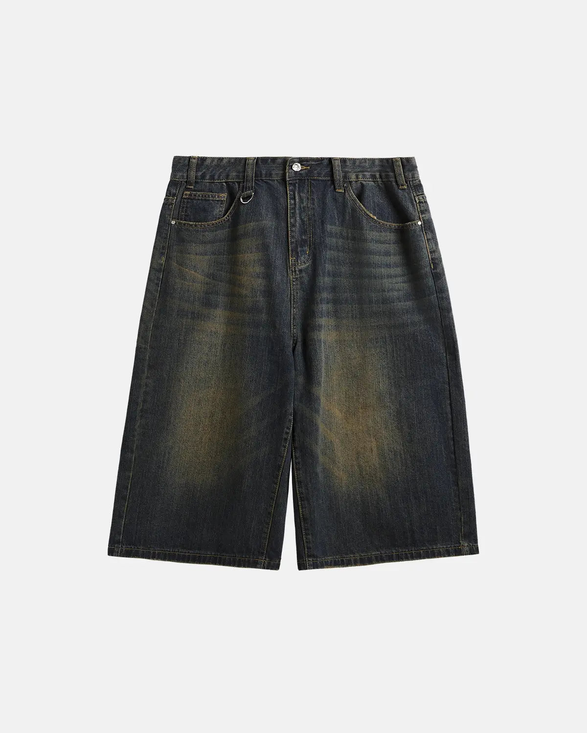 Acid washed longline baggy denim jorts by INFLATION, loose fit, distressed style, knee-length casual pants for streetwear fashion