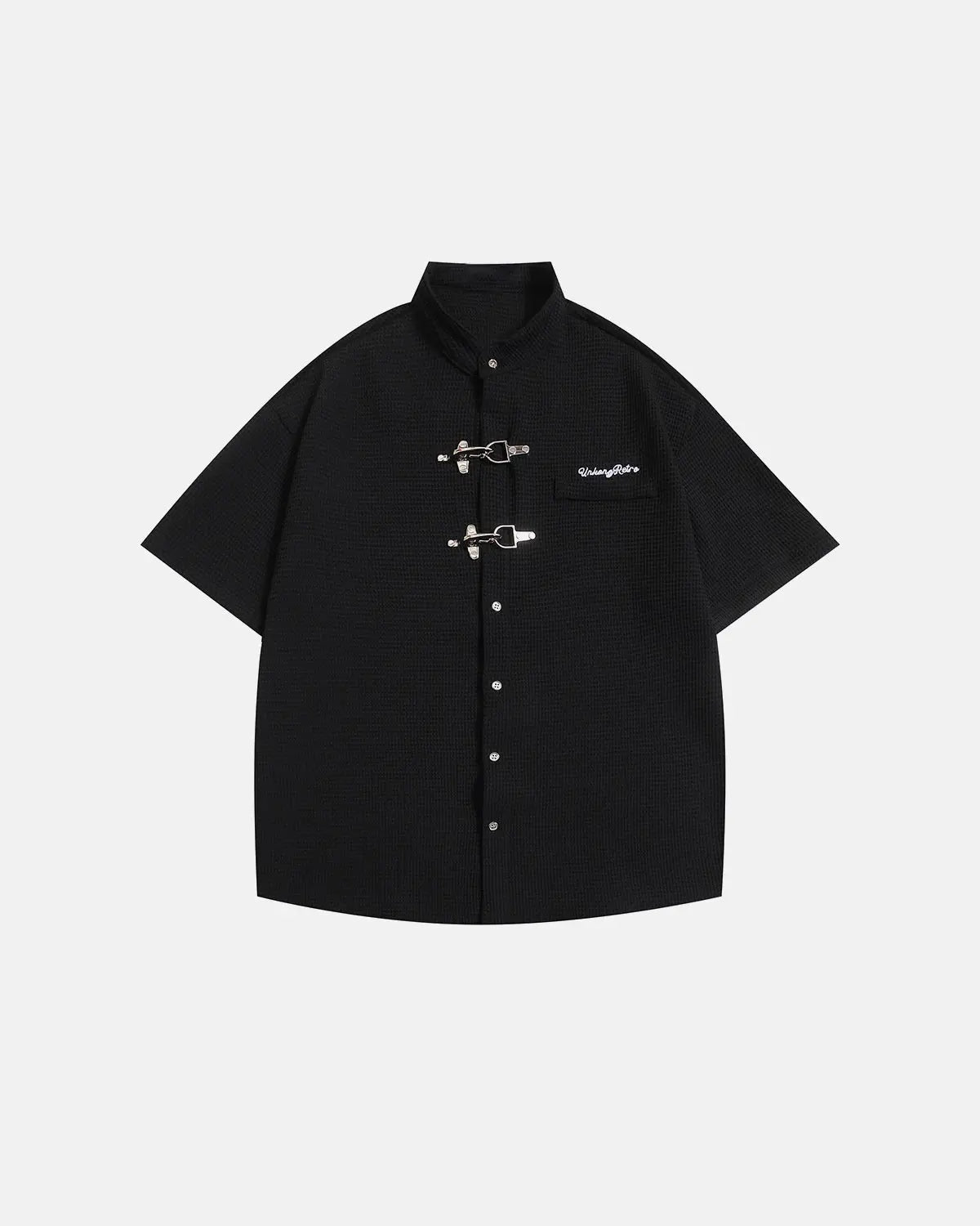 Inflation Streetwear waffle shirt featuring metal clasp detail, casual long-sleeve shirt with textured fabric and stylish design.