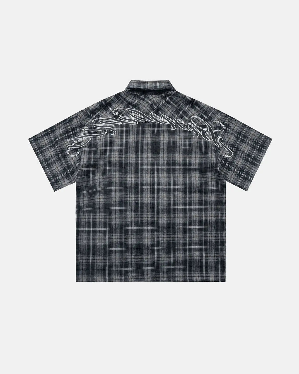 Plaid script embroidered shirt by INFLATION featuring a stylish plaid pattern and embroidered logo on the front.
