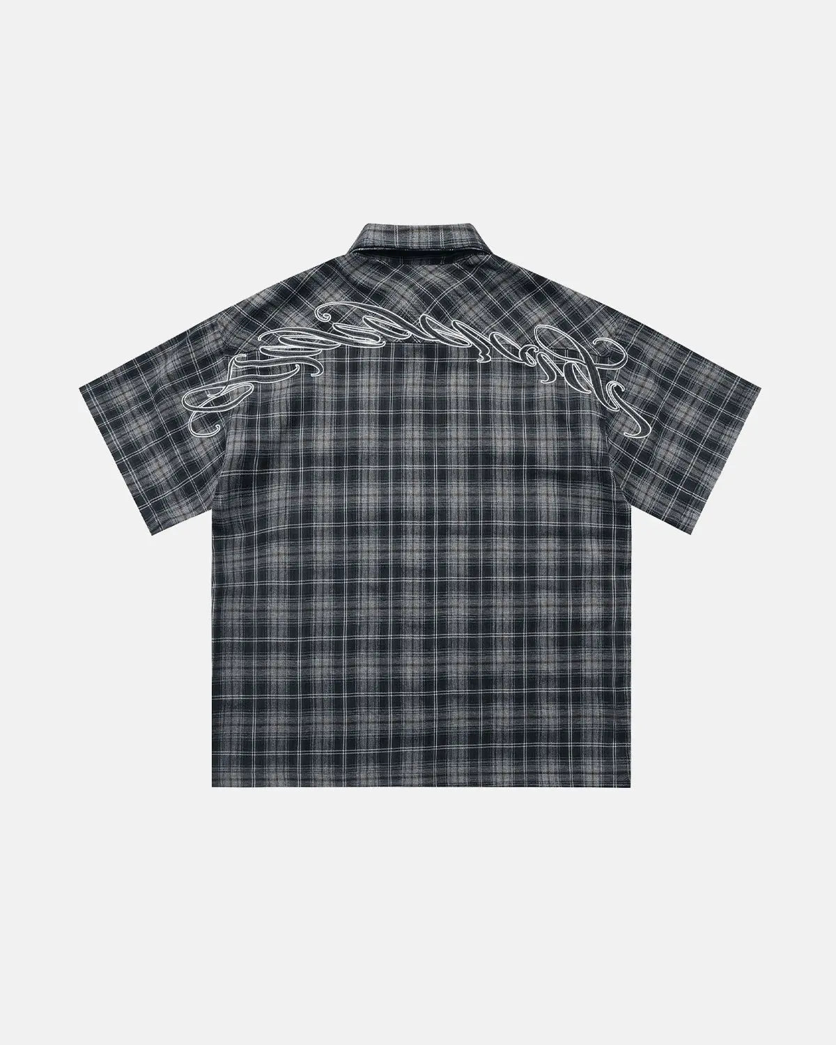 Plaid script embroidered shirt by INFLATION featuring a stylish plaid pattern and embroidered logo on the front.