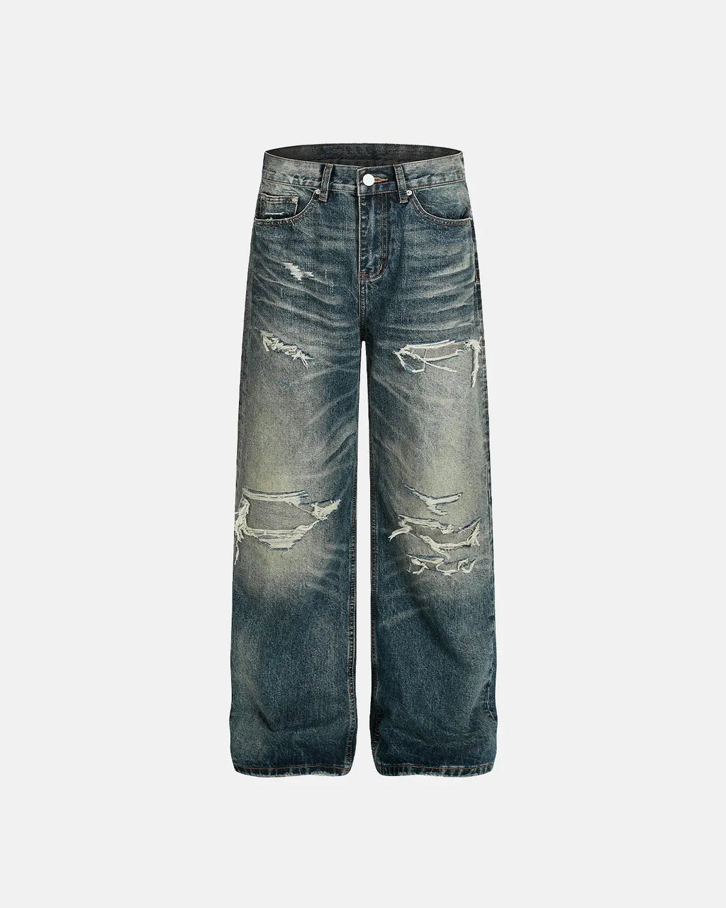 Vintage distressed baggy jeans from Inflation Streetwear, featuring a relaxed fit and faded, rugged denim style.