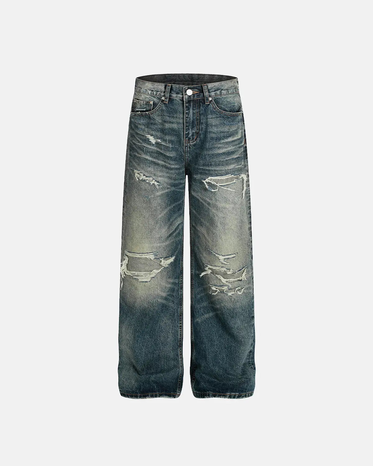 Vintage distressed baggy jeans from Inflation Streetwear, featuring a relaxed fit and faded, rugged denim style.