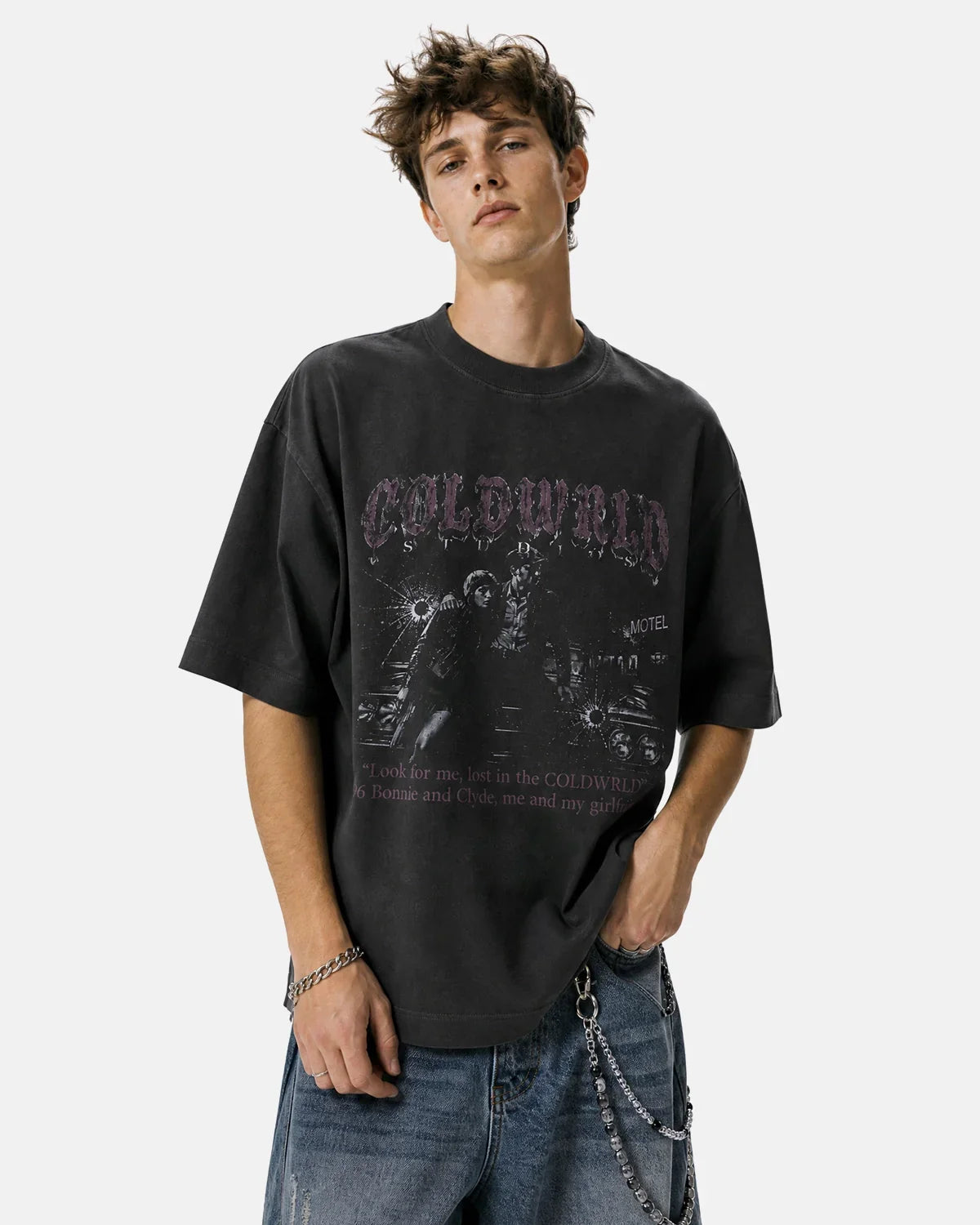 Black washed Gothic graphic T-shirt by INFLATION featuring dark, edgy artwork on soft cotton fabric.