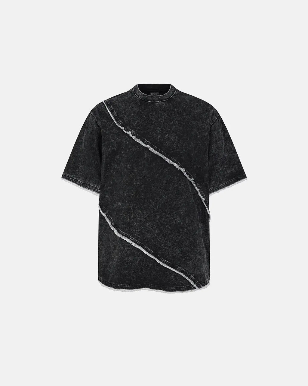 Raw edge deconstructed T-shirt from Inflation Streetwear with distressed hem and casual fit, in a neutral color.