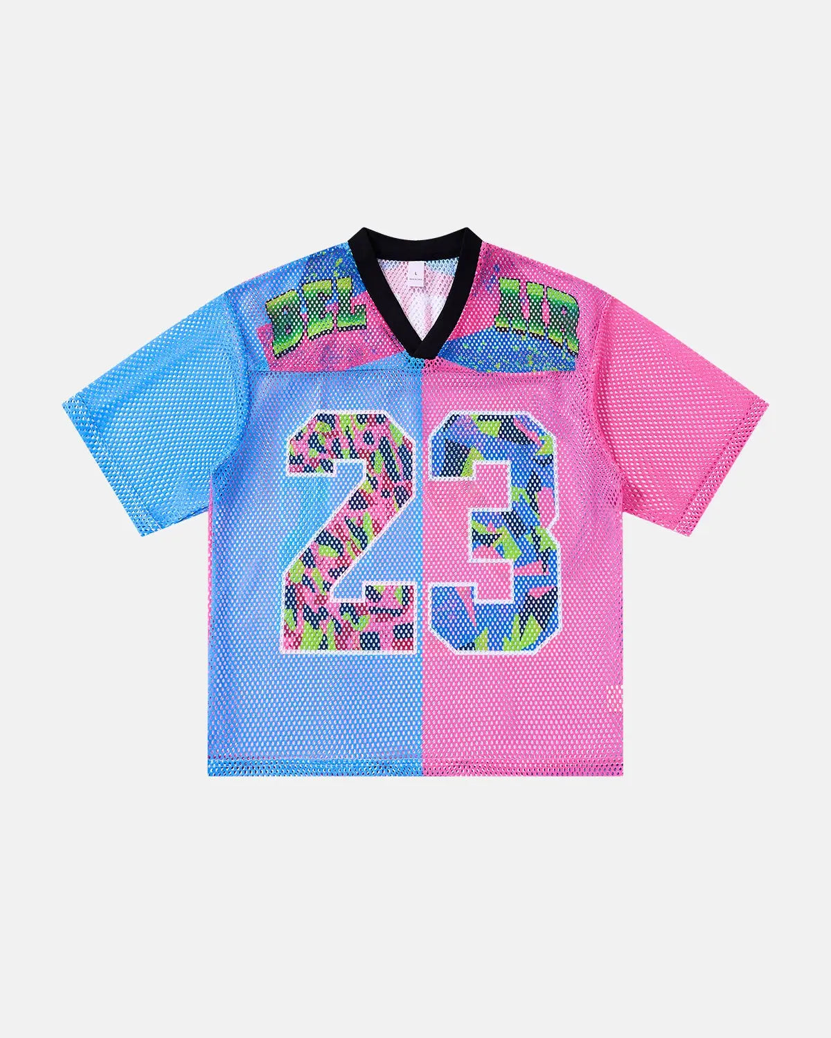Inflation Streetwear camo graphic mesh jersey tee with bold print and lightweight fabric, casual streetwear style.