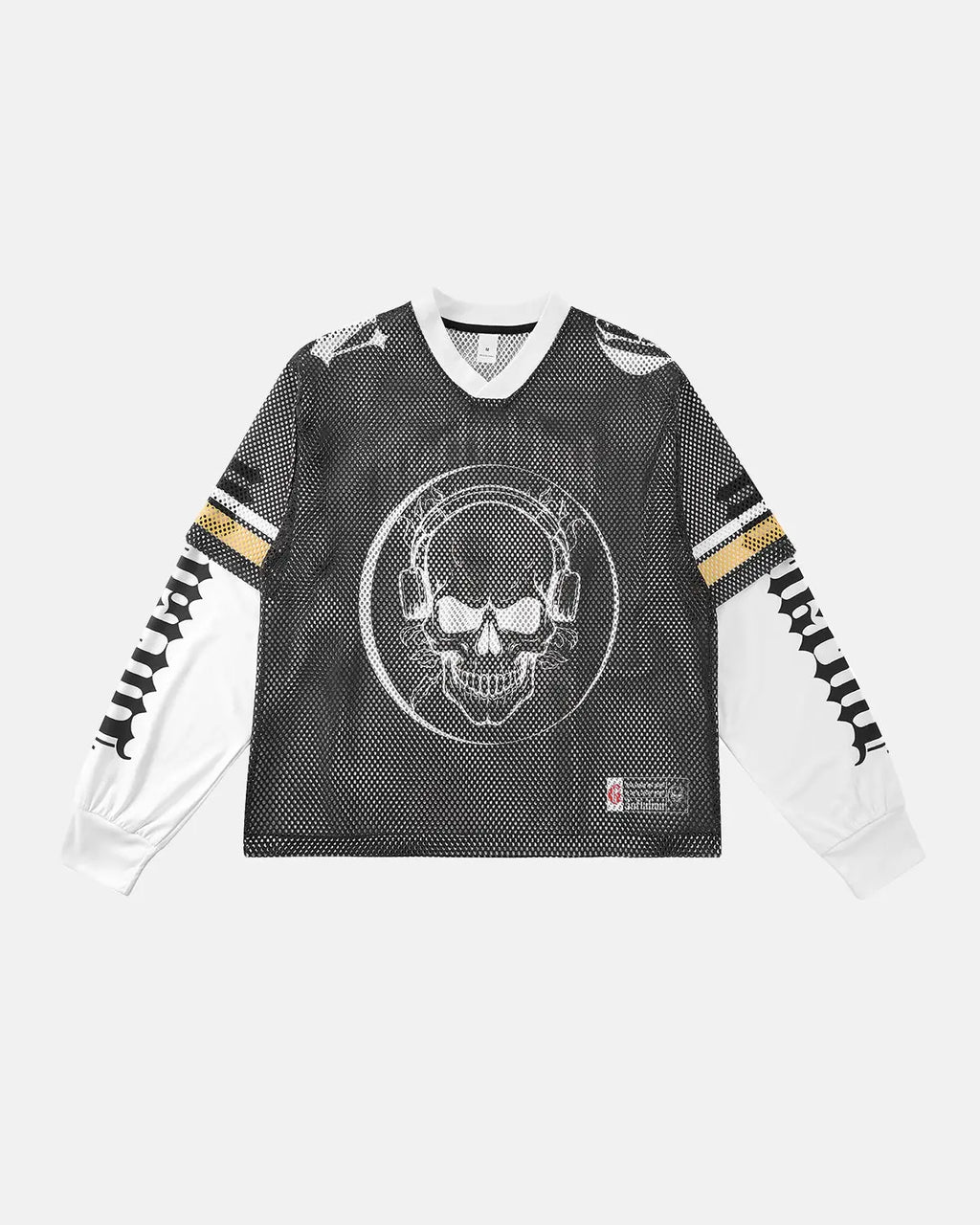 Inflation Streetwear mesh skeleton print long sleeve tee featuring a detailed skeleton graphic on black fabric.