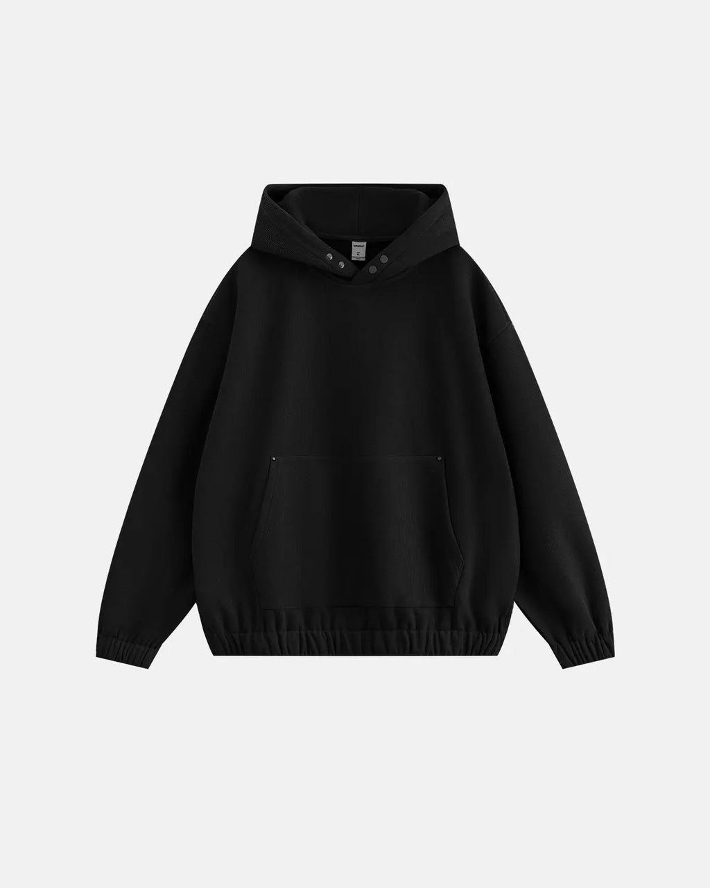 Inflation Streetwear boxy cropped hoodie in black, featuring a relaxed fit and adjustable drawstrings, displayed on a hanger.