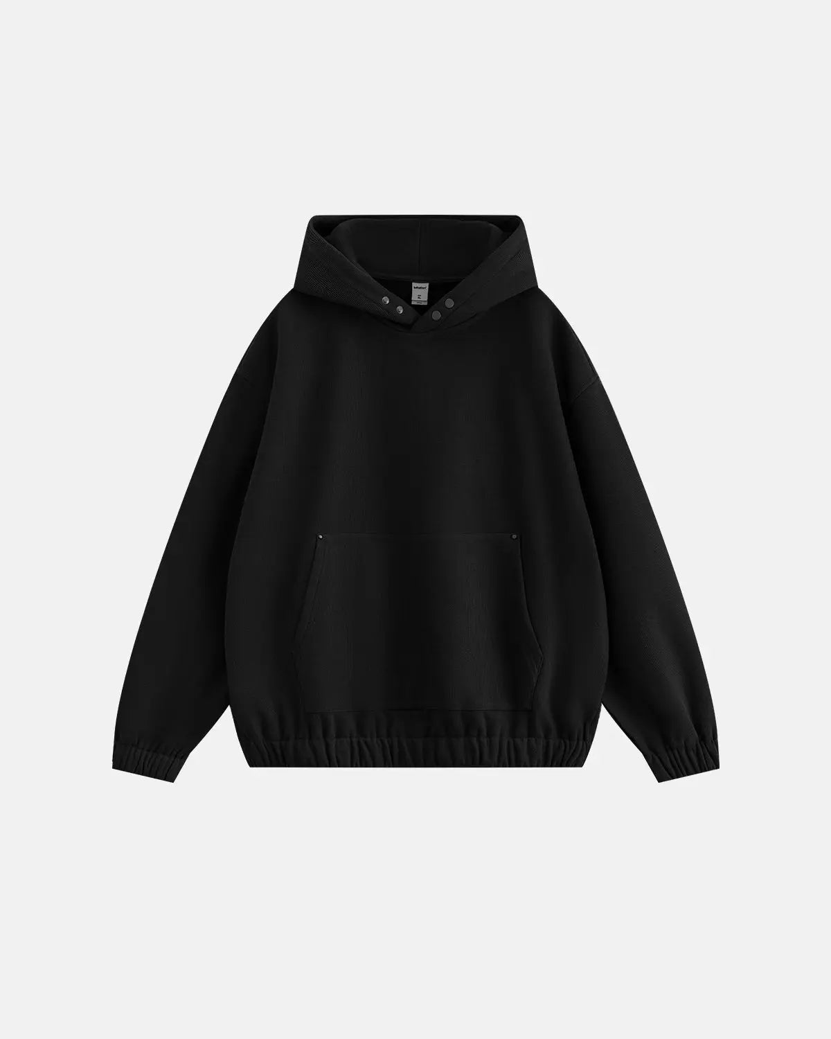 Inflation Streetwear boxy cropped hoodie in black, featuring a relaxed fit and adjustable drawstrings, displayed on a hanger.