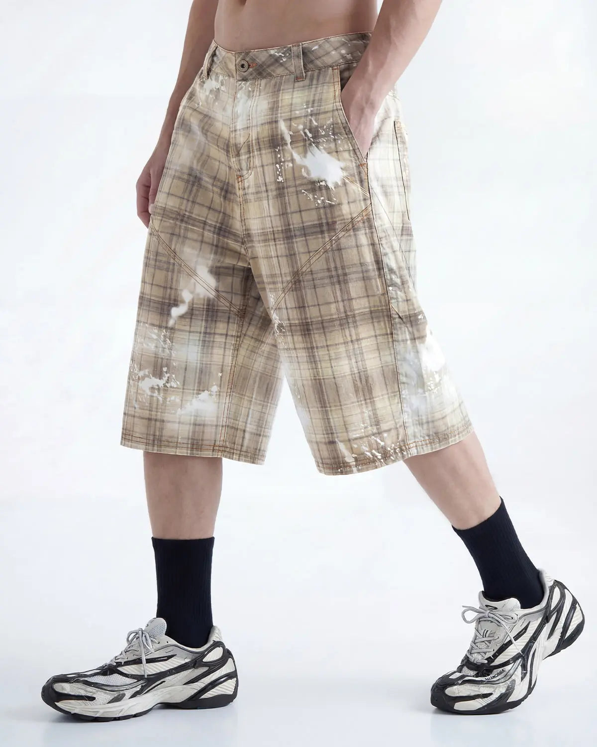 Inflation Streetwear Tencel washed plaid print longline shorts, stylish pants with a relaxed fit and plaid pattern.