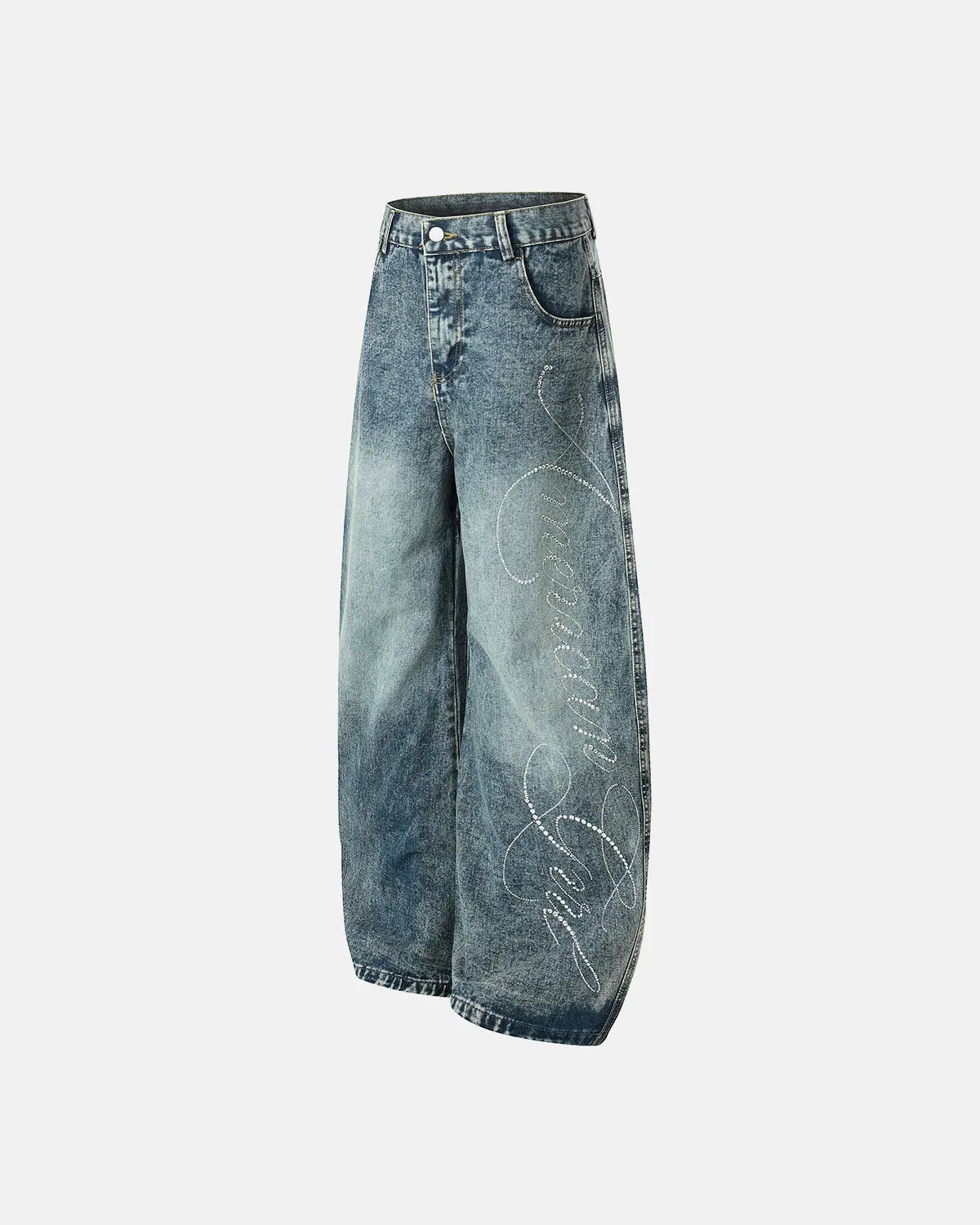 Rhinestone acid wash baggy jeans by INFLATION Streetwear with rhinestone embellishments and relaxed fit.