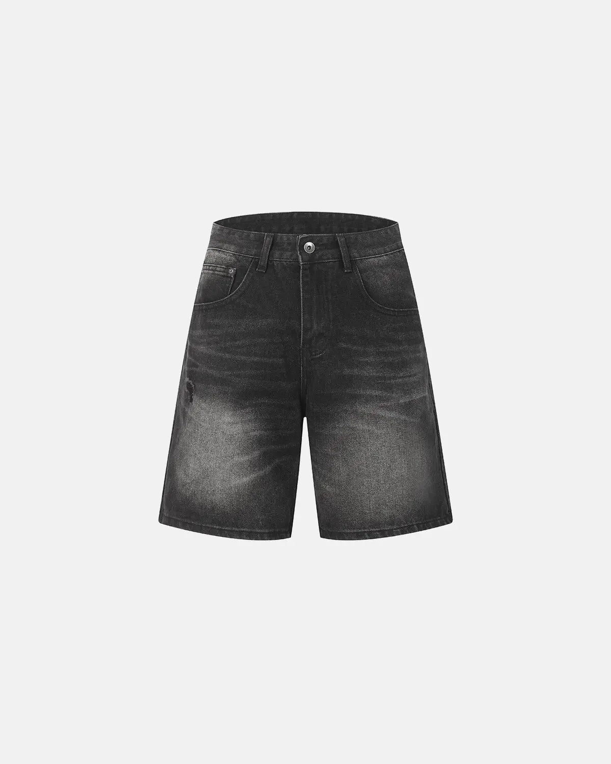 Ripped mid-length washed denim shorts by INFLATION, casual streetwear pants with distressed details and frayed hems.