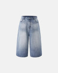 Washed baggy longline jorts by Inflation Streetwear, relaxed-fit denim pants with distressed finish and extended length.