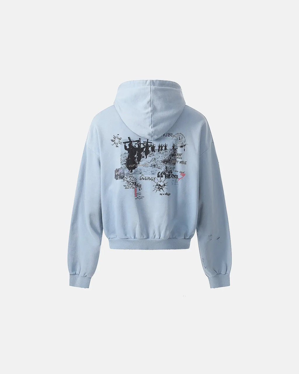 Inflation streetwear graffiti character distressed washed zip hoodie with bold urban design and casual fit.