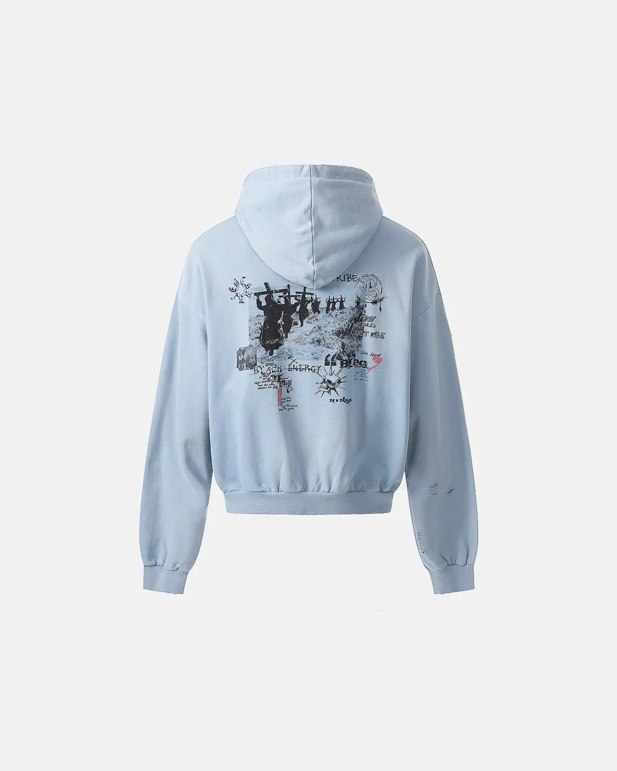 Inflation streetwear graffiti character distressed washed zip hoodie with bold urban design and casual fit.