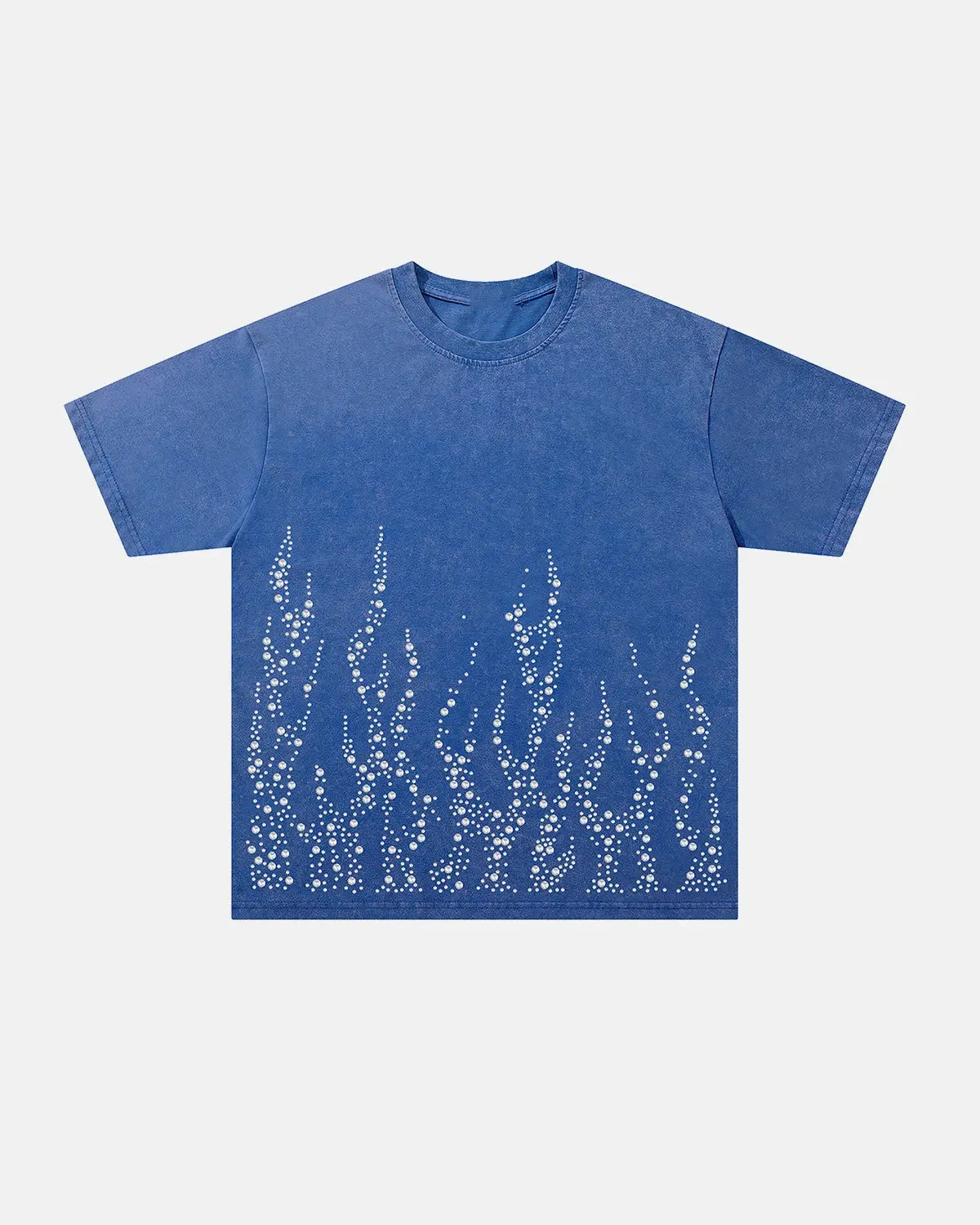 Washed rhinestone flame design on black Inflation Streetwear boxy T-shirt with short sleeves, front view.