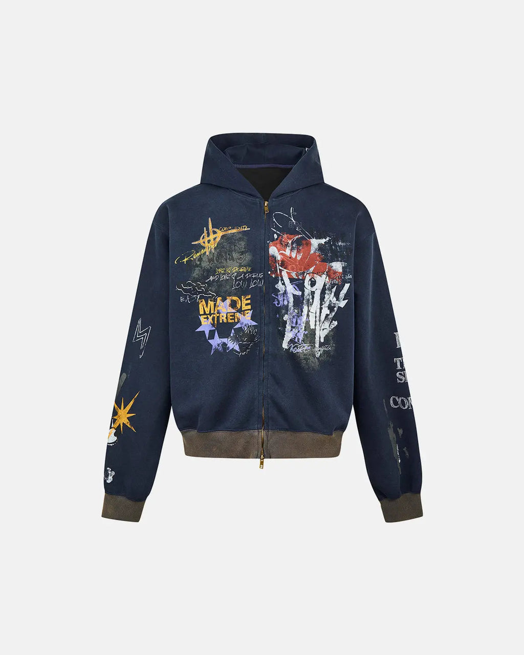 Inflation Streetwear Boxy Graffiti Zip-Up Hoodie with bold graffiti design and comfortable fit, displayed on a hanger.