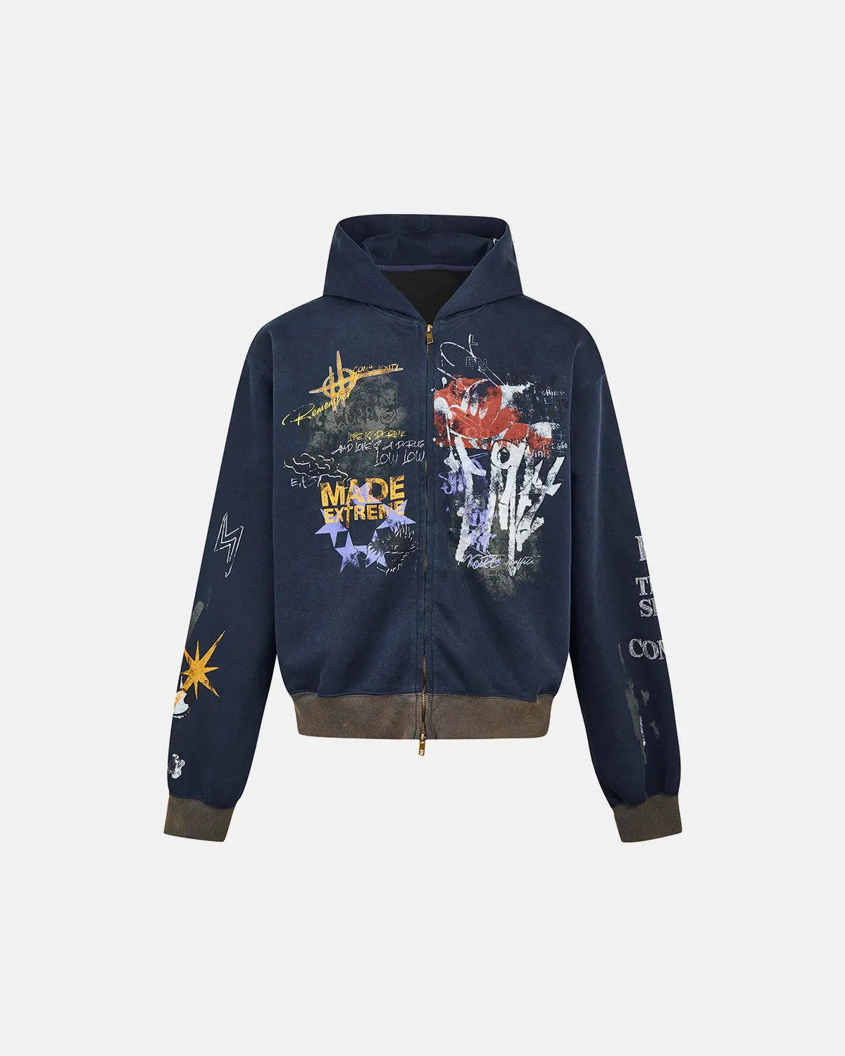 Inflation Streetwear Boxy Graffiti Zip-Up Hoodie with bold graffiti design and comfortable fit, displayed on a hanger.