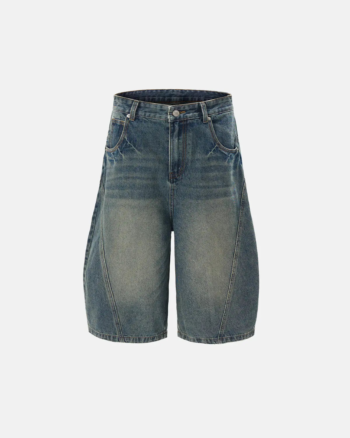 Inflation Scimitar Denim Baggy Jorts pants with a relaxed fit and distressed denim style, featuring a casual streetwear look.