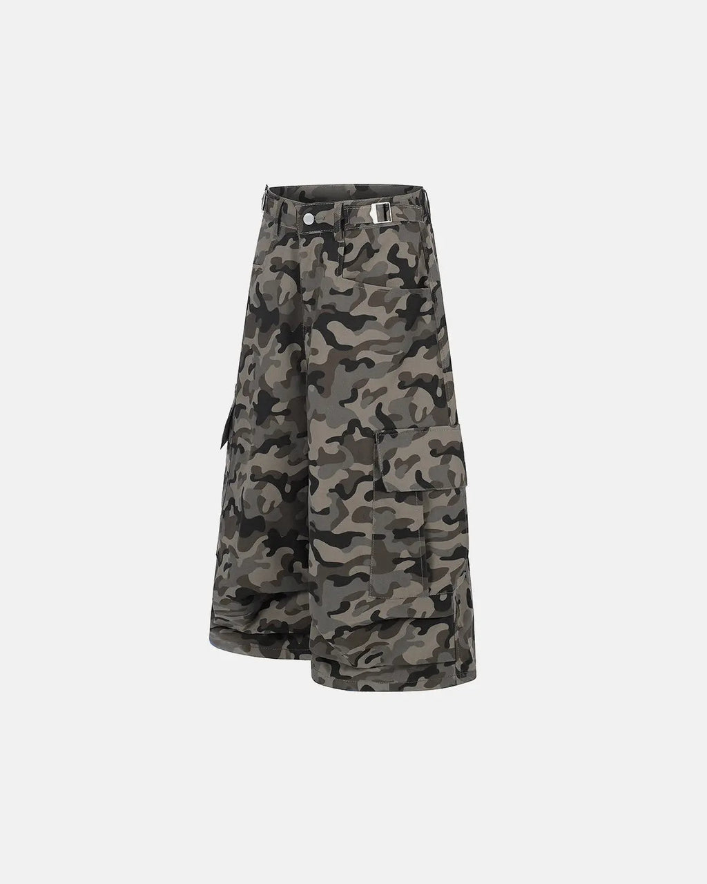 Inflation camouflage streetwear shorts, long pants with a camo pattern, casual urban style, front view showing fit and fabric details.