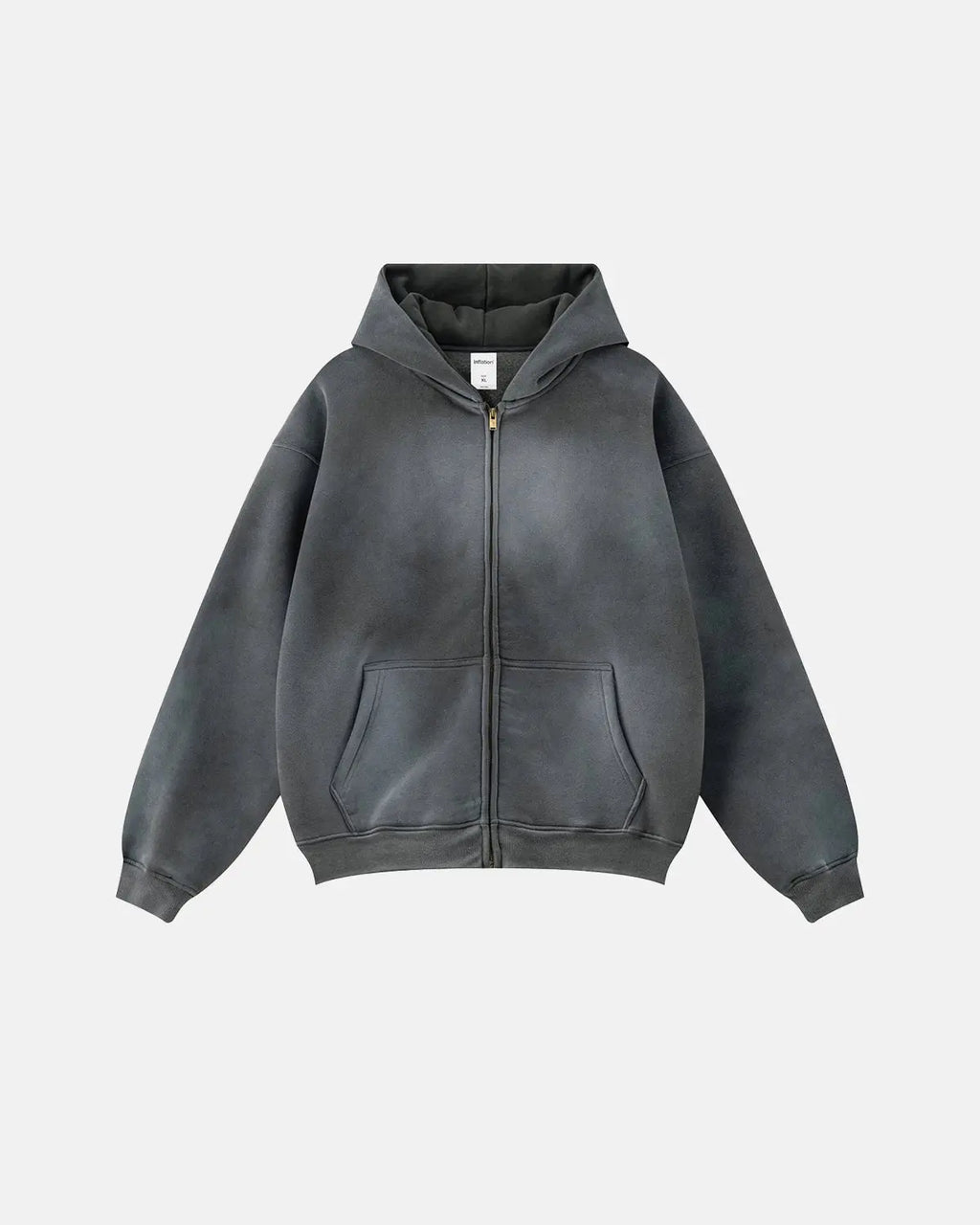 Acid washed zip-up hoodie from INFLATION streetwear brand, featuring a casual fit with a front zipper and hood.