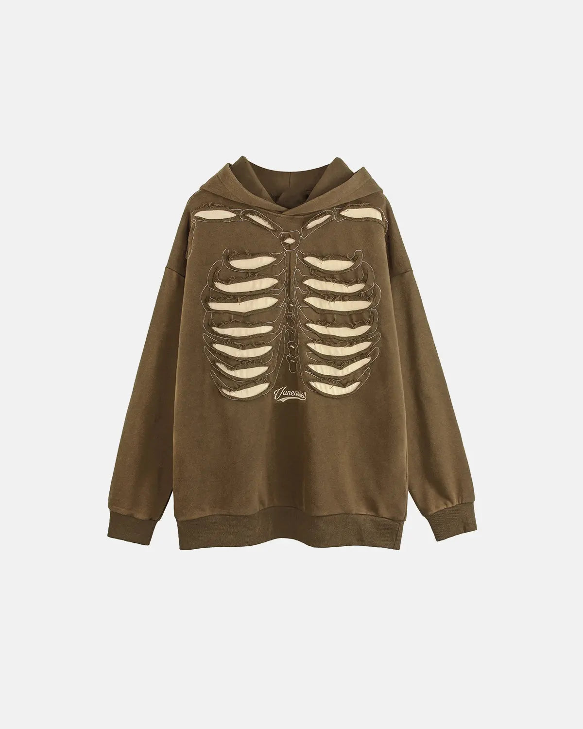 Distressed Ribcage Wash Hoodie by INFLATION featuring a worn, vintage look and ribcage graphic, casual streetwear style.