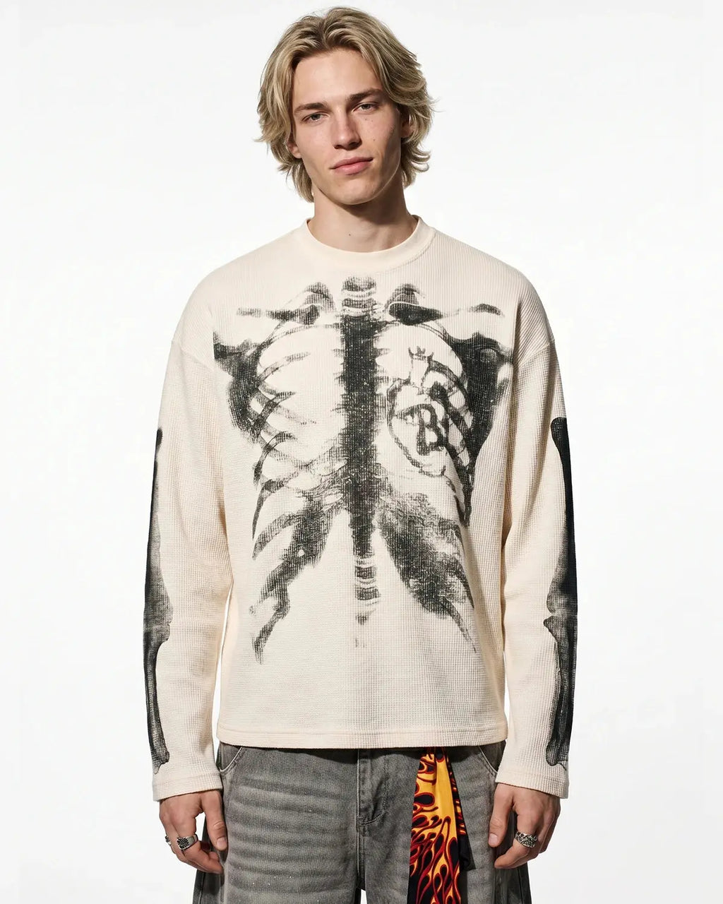Inflation Skeleton Graphic Washed Long Sleeve shirt featuring a detailed skeleton graphic on a casual streetwear style.