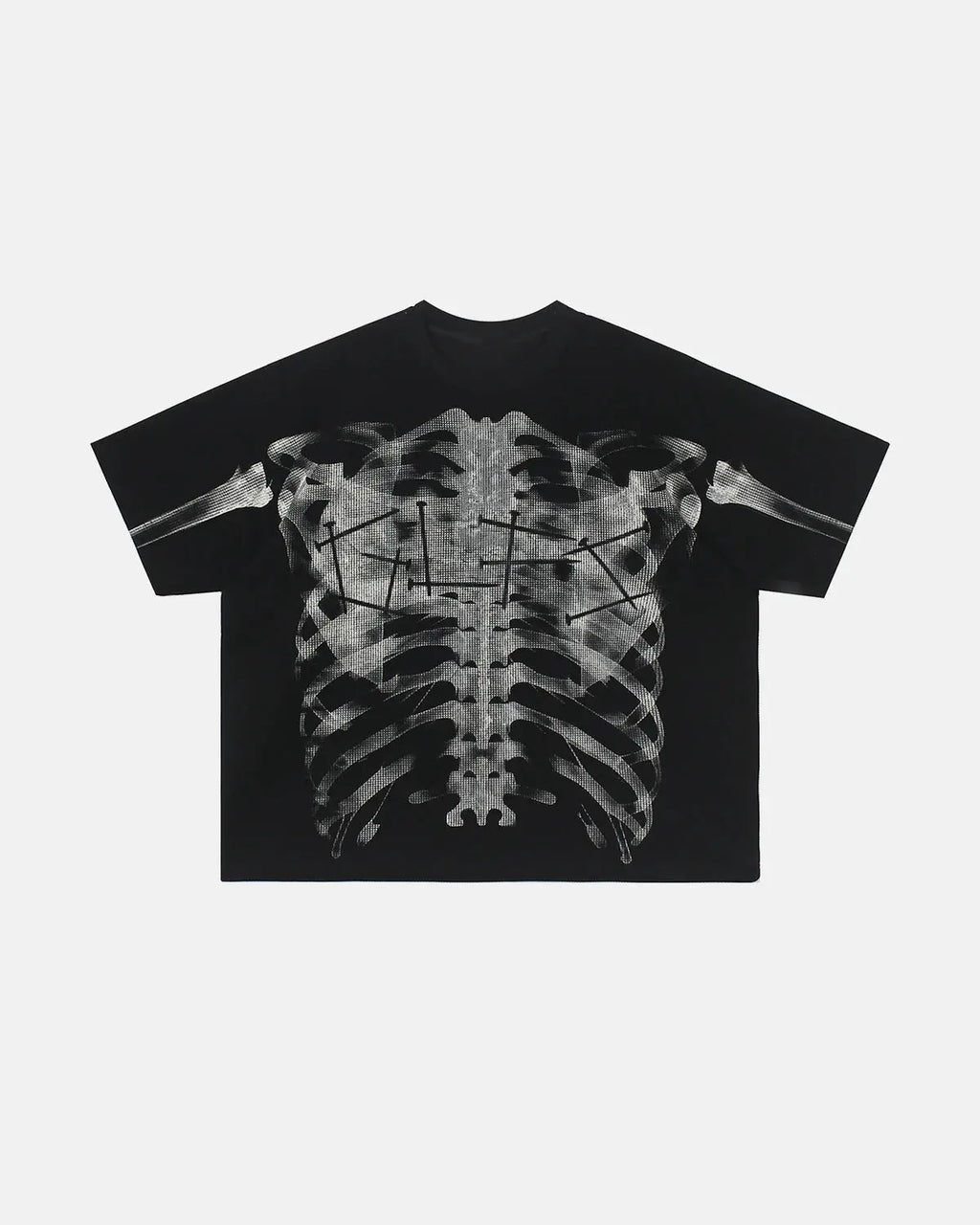 Pink X-ray skeleton print t-shirt by INFLATION, boxy fit, stylish streetwear with detailed skeletal design on soft fabric.