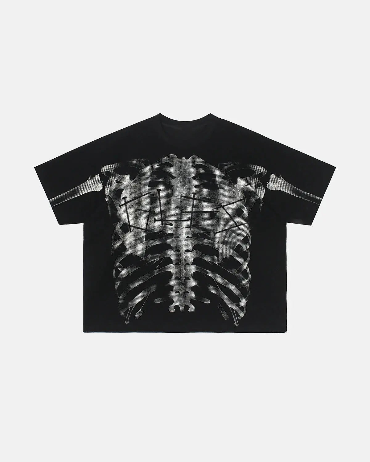 Pink X-ray skeleton print t-shirt by INFLATION, boxy fit, stylish streetwear with detailed skeletal design on soft fabric.