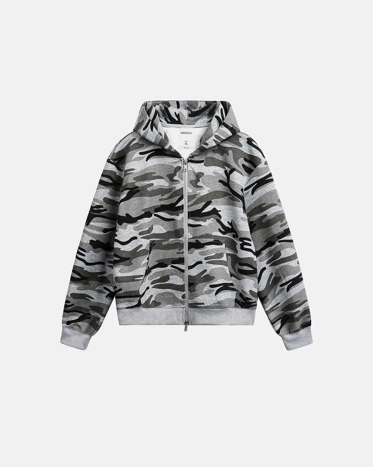 Cropped camouflage zip-up hoodie by INFLATION featuring a trendy streetwear style with a front zipper and camouflage pattern.