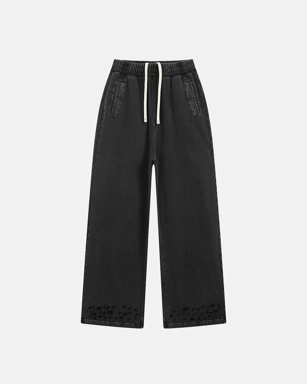 Inflation streetwear ripped acid wash sweatpants, casual pants with distressed detailing and relaxed fit, front view.