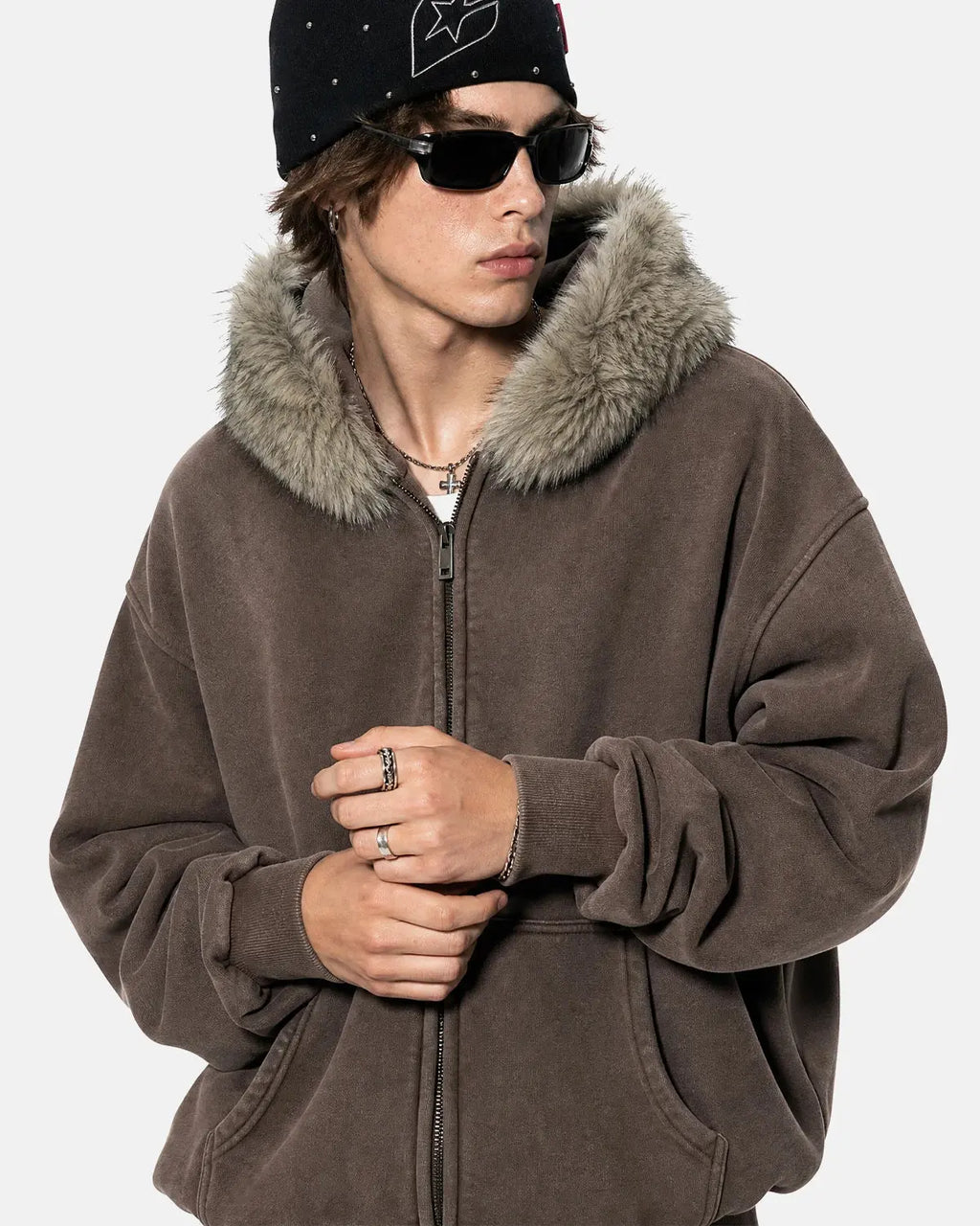 Inflation streetwear faux fur collar acid wash zip-up hoodie featuring a hood and stylish design, ideal for casual street fashion.