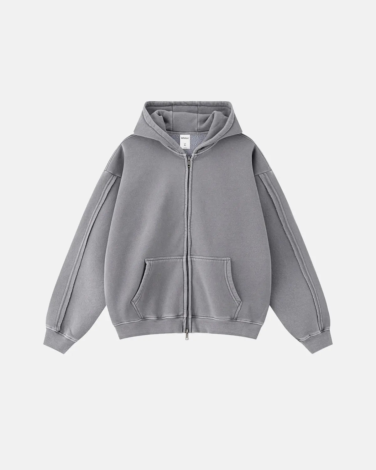 Washed raw edge boxy zip-up hoodie by INFLATION Streetwear, featuring a relaxed fit and distressed raw hem detail.