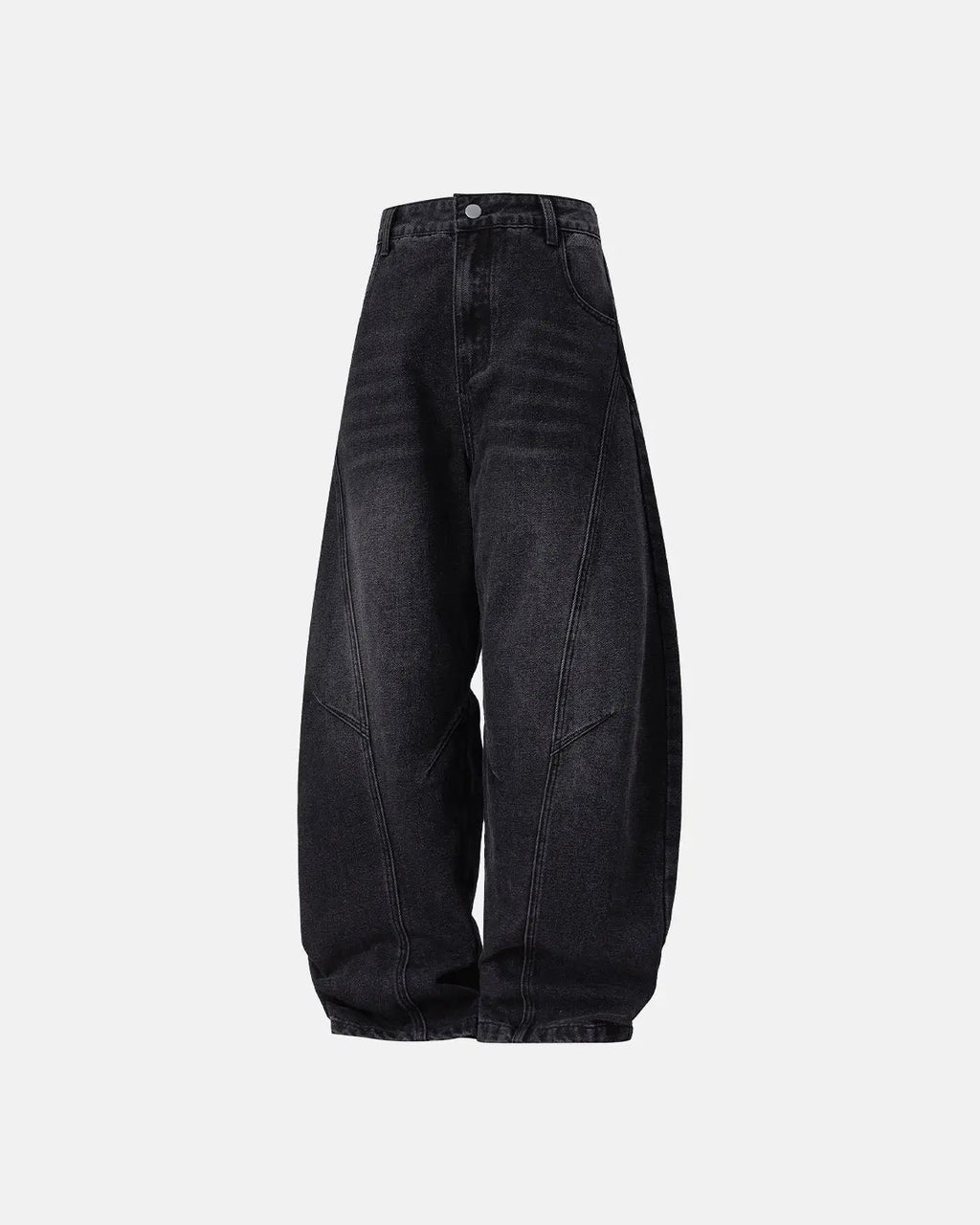 Curved seam deconstructed barrel jeans by INFLATION, featuring distressed detailing and a relaxed fit, worn by a model.